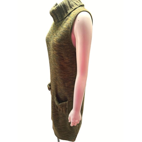 Calvin Klein Sleeveless Knit Dress With Pockets Olive Green Acrylic Turtleneck M - Picture 2 of 9